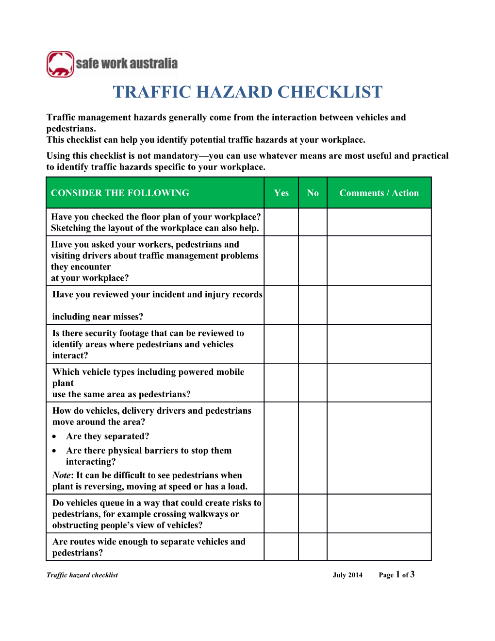 Traffic Hazard Checklist