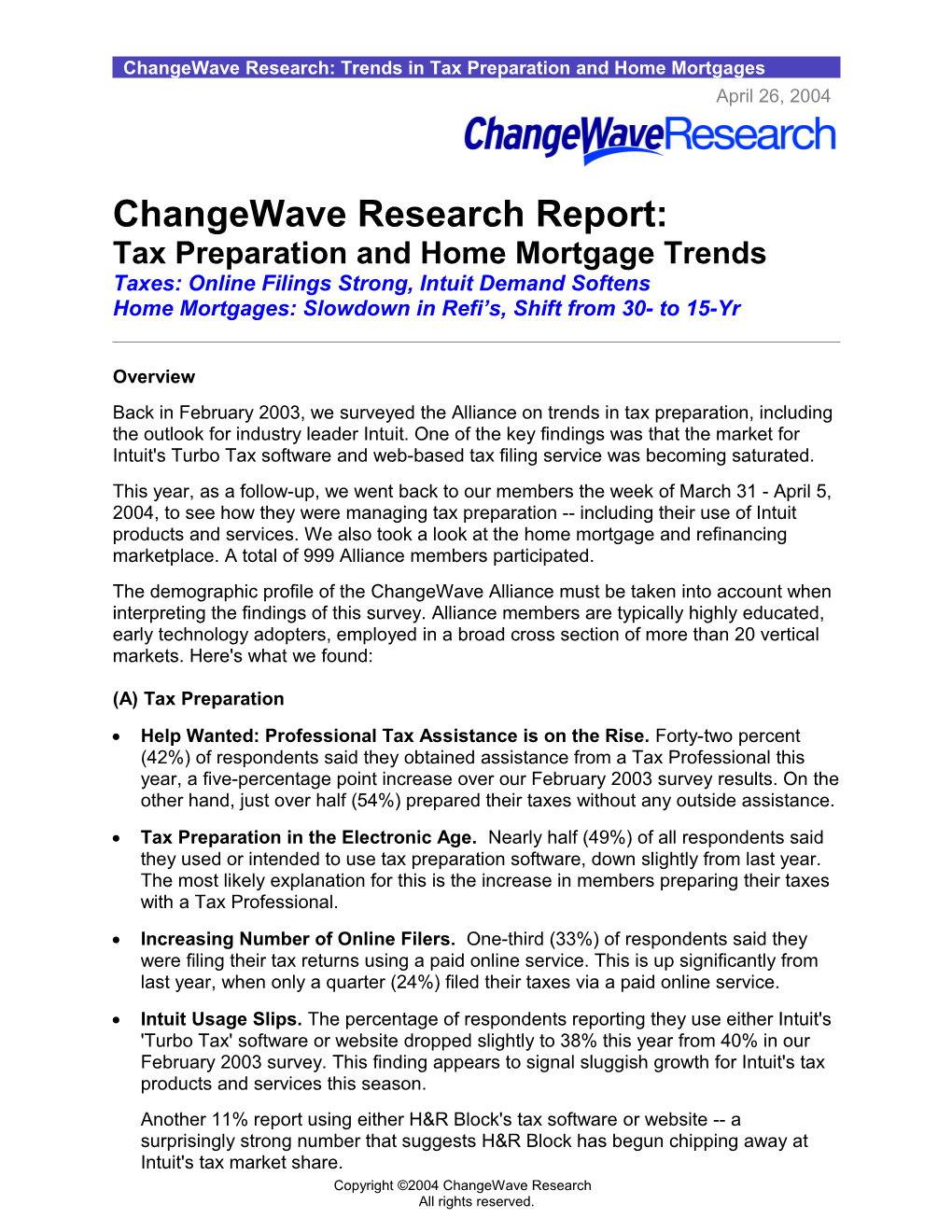 Changewave Research: Trends in Tax Preparation and Home Mortgages