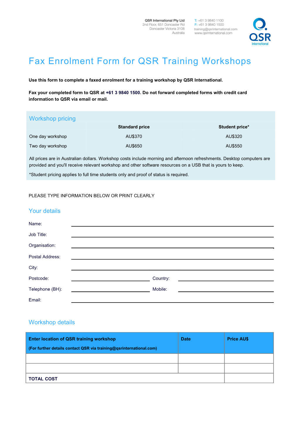 Fax Enrolment Form for QSR Workshop (NZ)