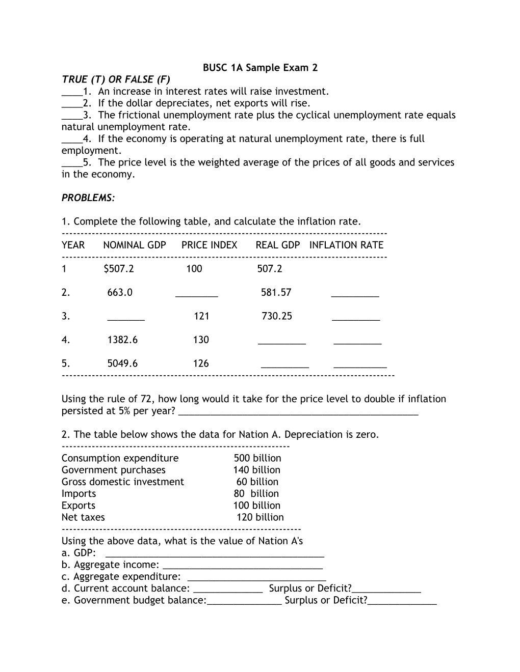 BUSC 1A Sample Exam 2