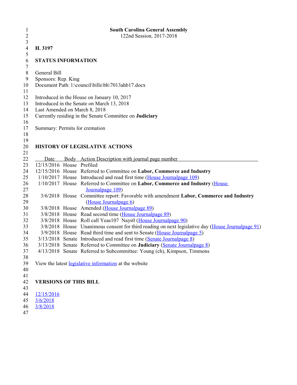 2017-2018 Bill 3197: Permits for Cremation - South Carolina Legislature Online