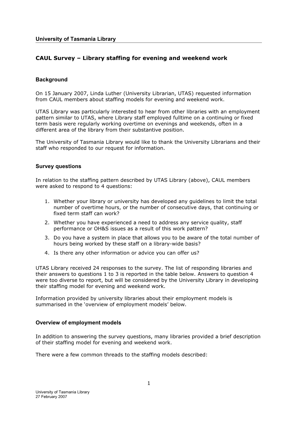 CAUL Survey Library Staffing for Evening and Weekend Work