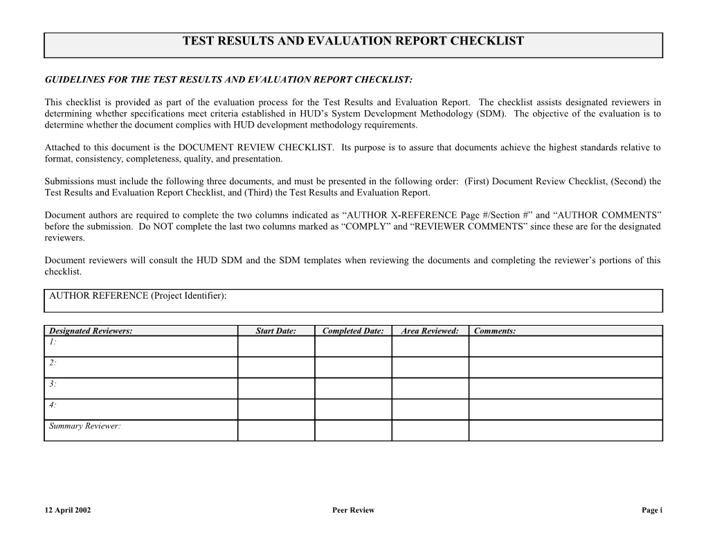 Test Results and Evaluation Report Checklist