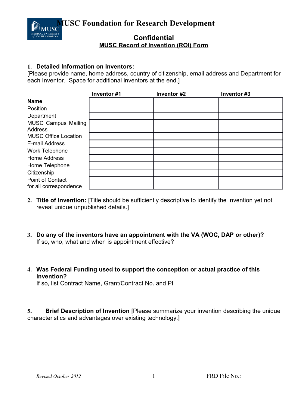 MUSC Record of Invention (ROI) Form