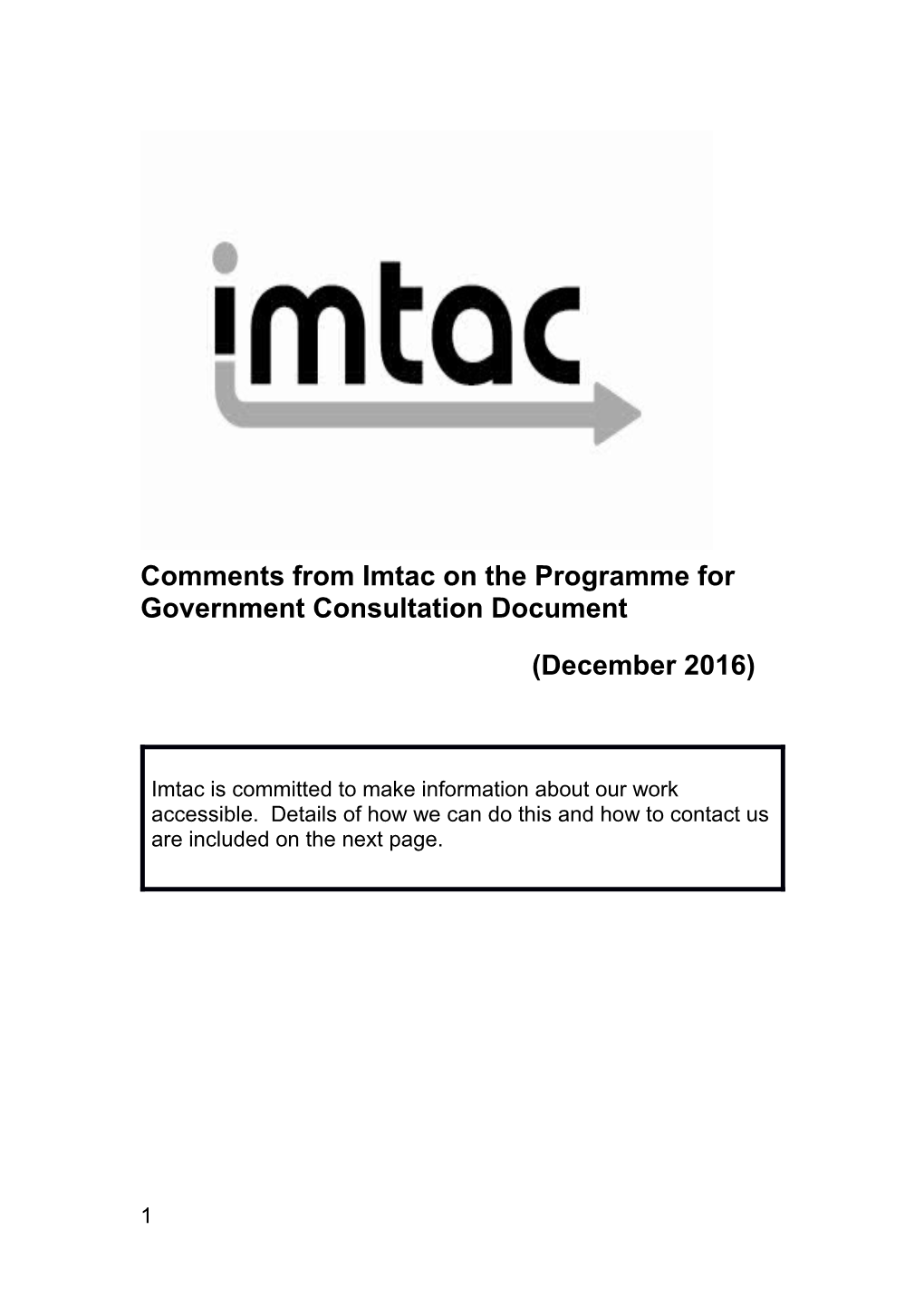 Comments from Imtac on the Programme for Government Consultation Document