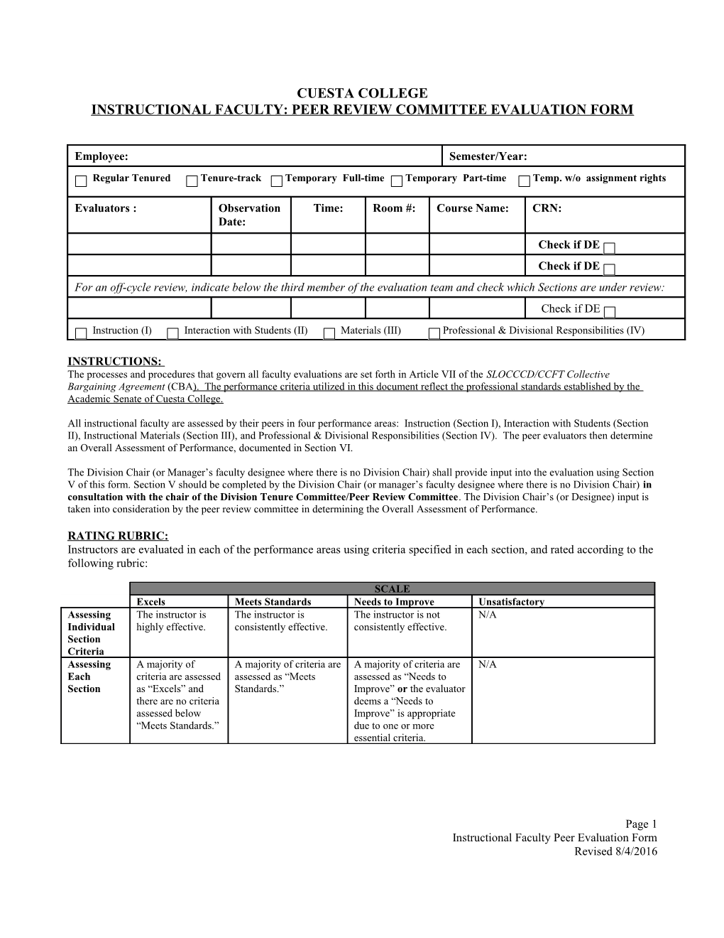 Instructional Faculty: Peer Review Committee Evaluation Form