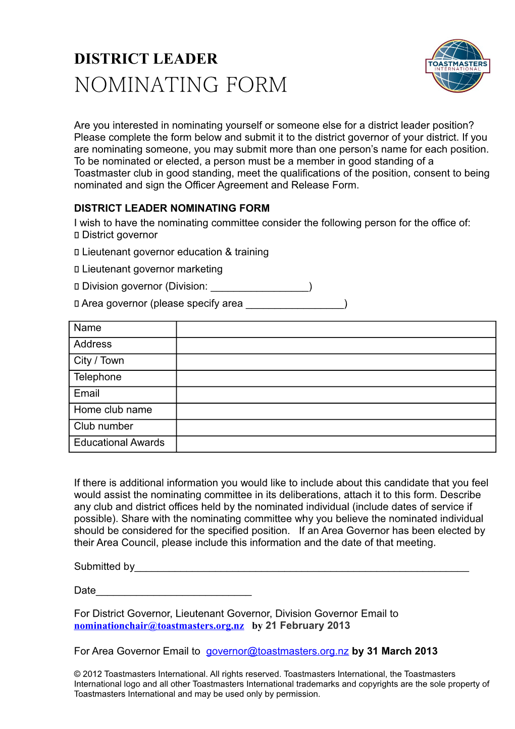 District Leader Nominating Form