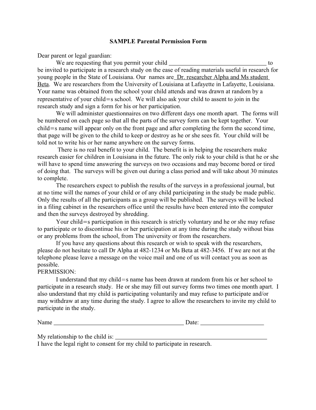 SAMPLE Parental Permission Form