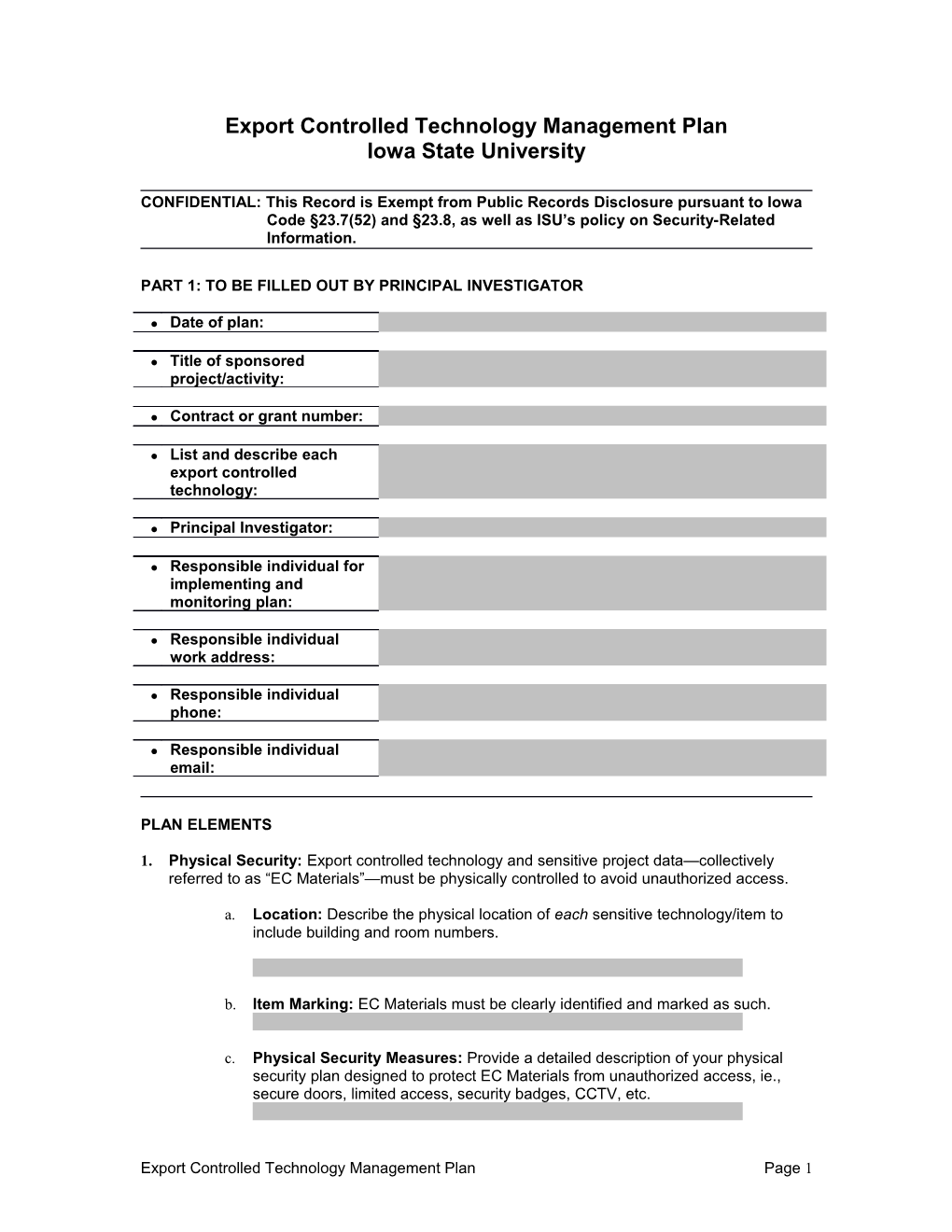 Export Controlled Technology Management Plan