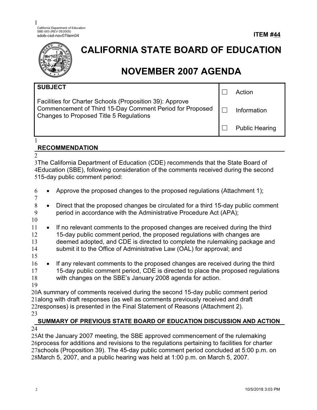 November 2007 Agenda Item 44 - Meeting Agendas (CA State Board of Education)