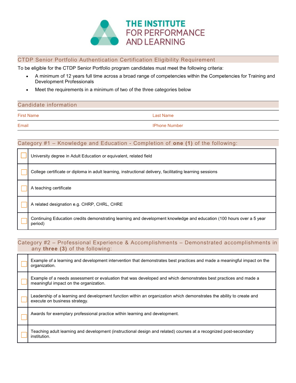 CTDP Senior Portfolio Authentication Certification Eligibility Requirement