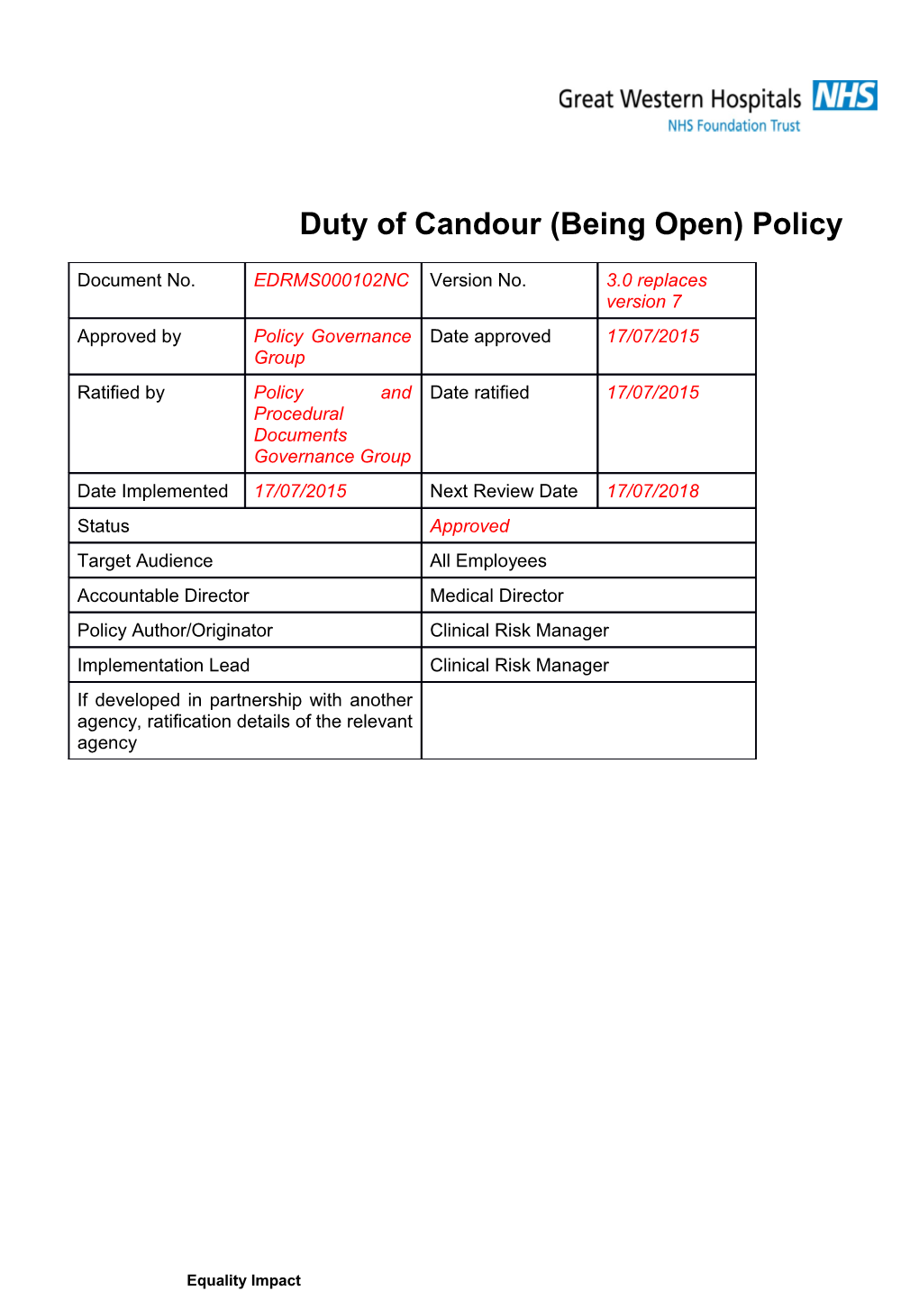 Duty of Candour (Being Open) Policy
