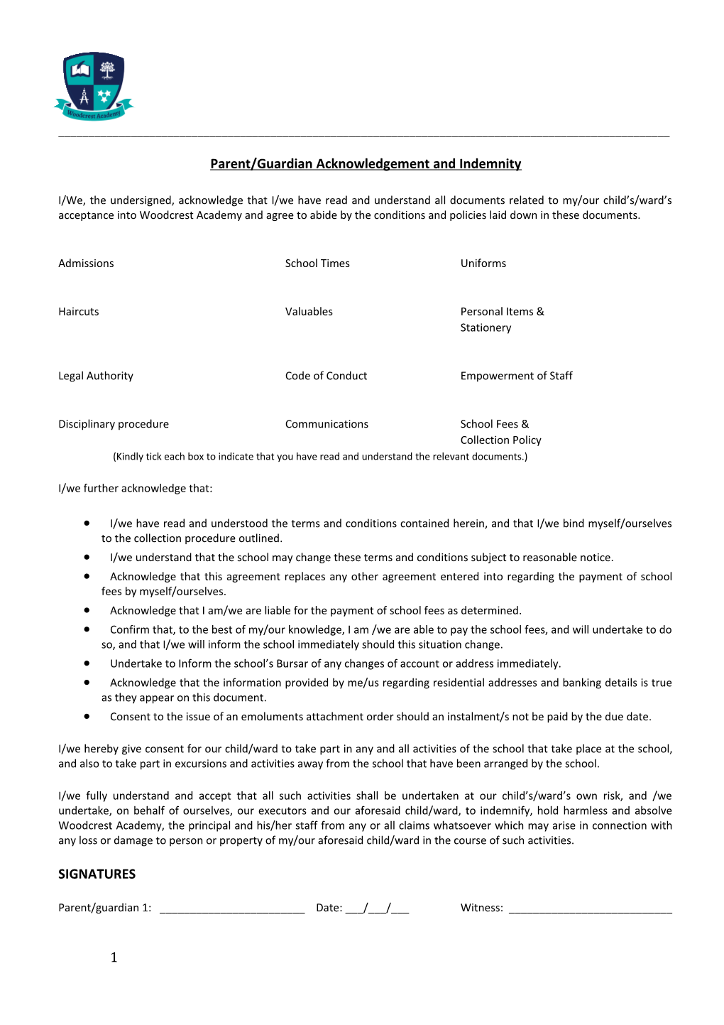 Parent/Guardian Acknowledgement and Indemnity