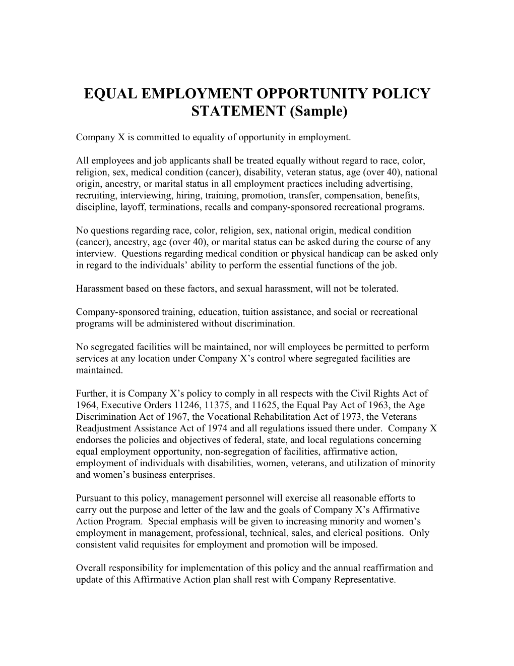 EQUAL EMPLOYMENT OPPORTUNITY POLICY STATEMENT (Sample)