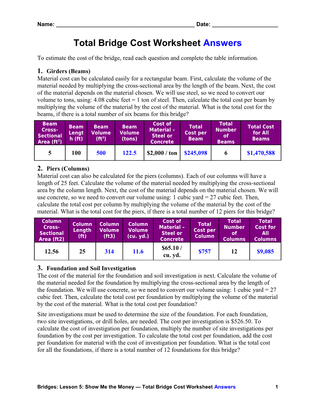 Totalbridge Cost Worksheetanswers