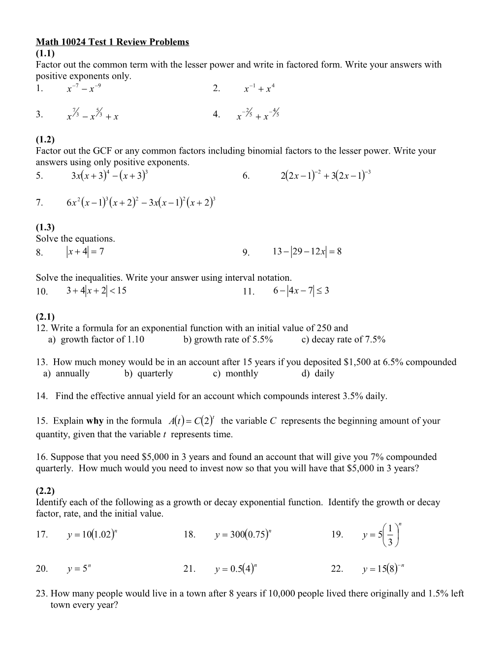 Math 10024 Test 1 Review Problems