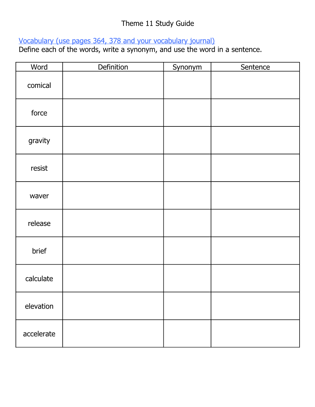 Vocabulary (Use Pages 364, 378 and Your Vocabulary Journal)