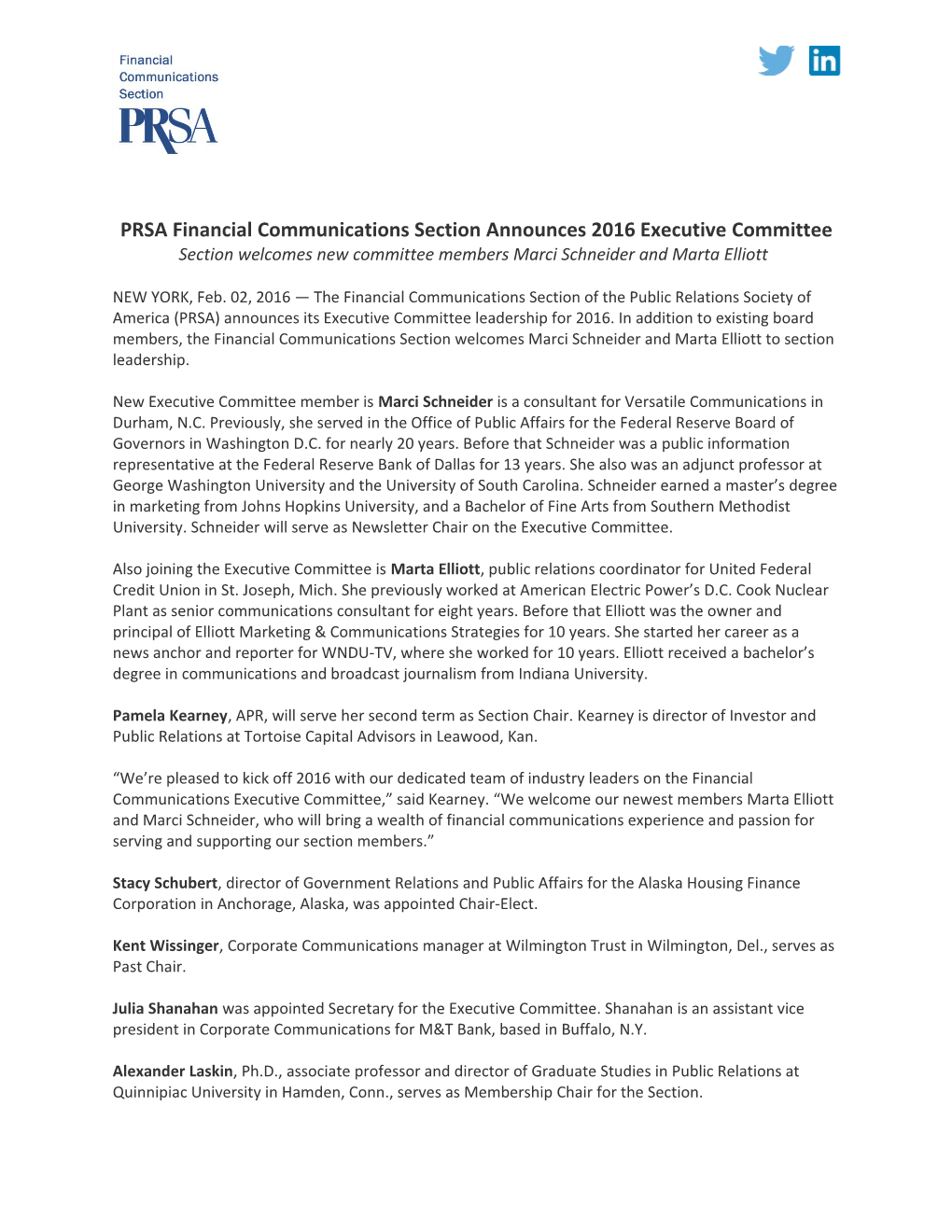 PRSA Financial Communications Section Announces 2016 Executive Committee