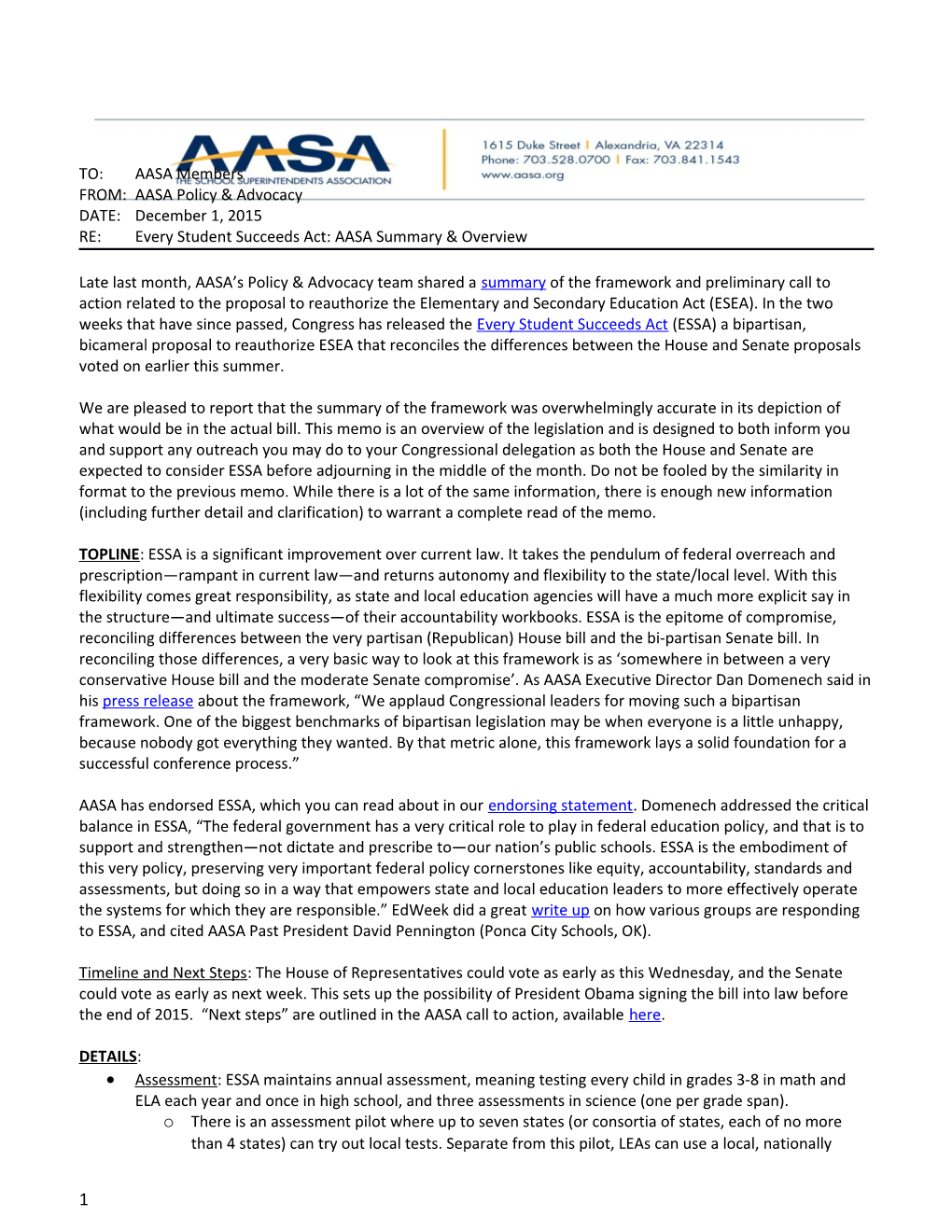 RE: Every Student Succeeds Act: AASA Summary & Overview