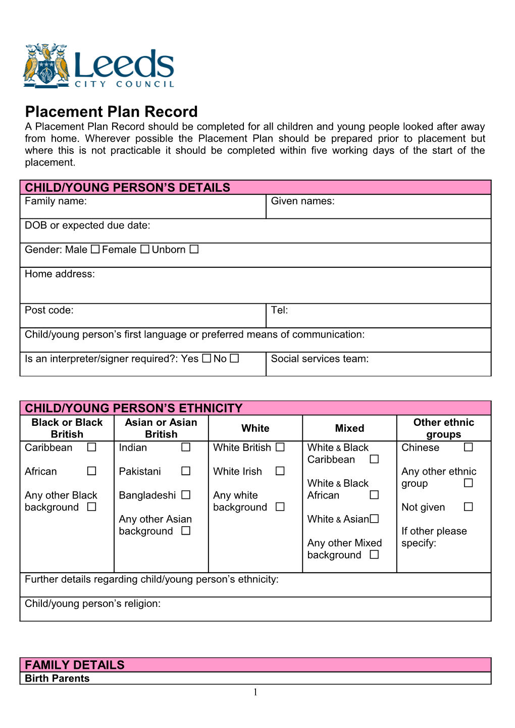 Placement Plan Record