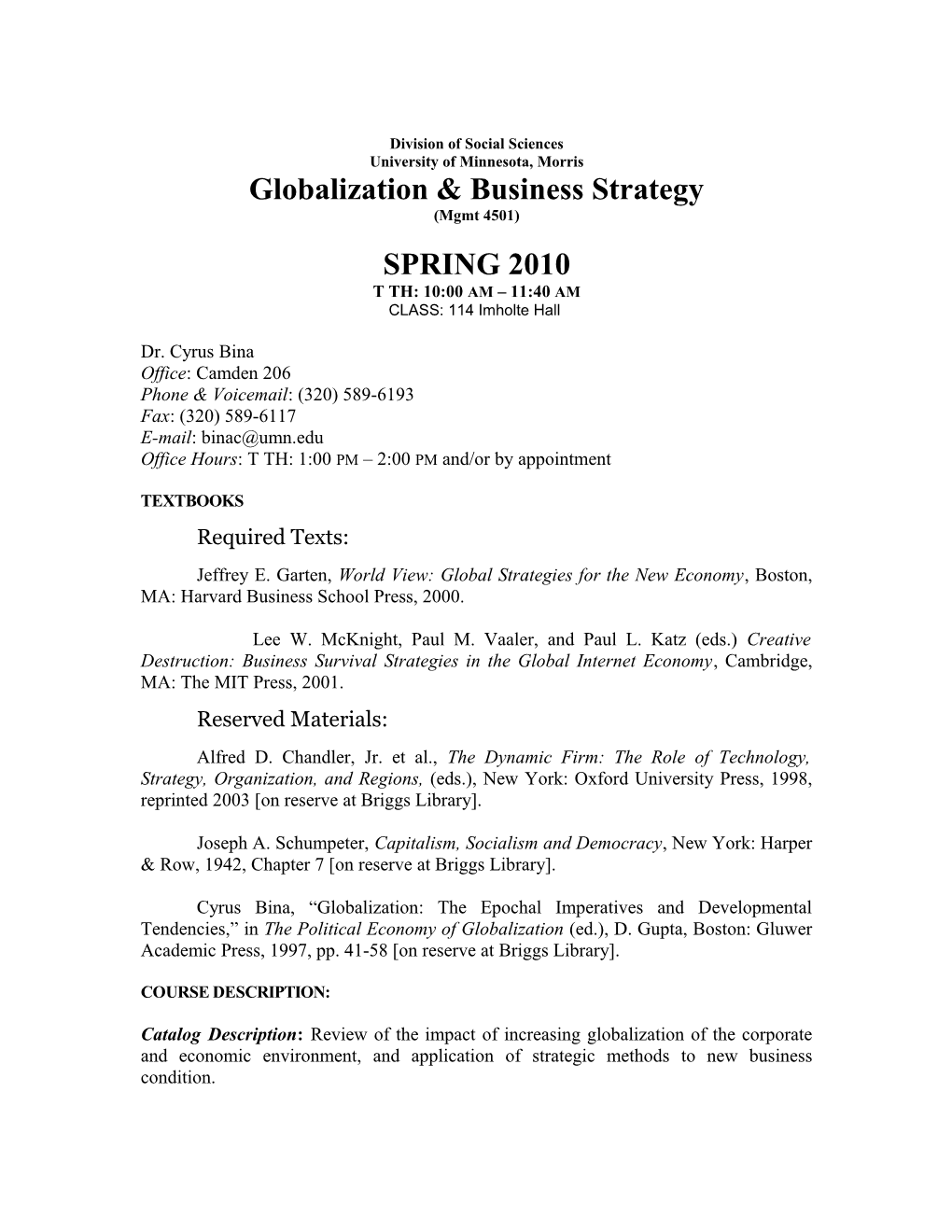 Globalization & Business Strategy, Spring 2010: Syllabus