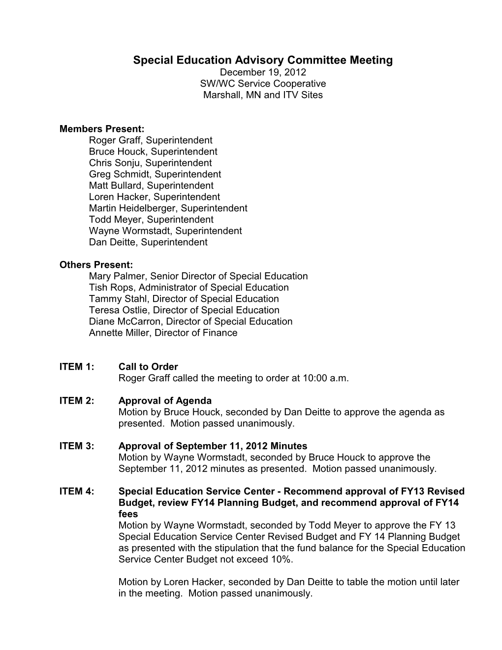 Special Education Advisory Committee Meeting