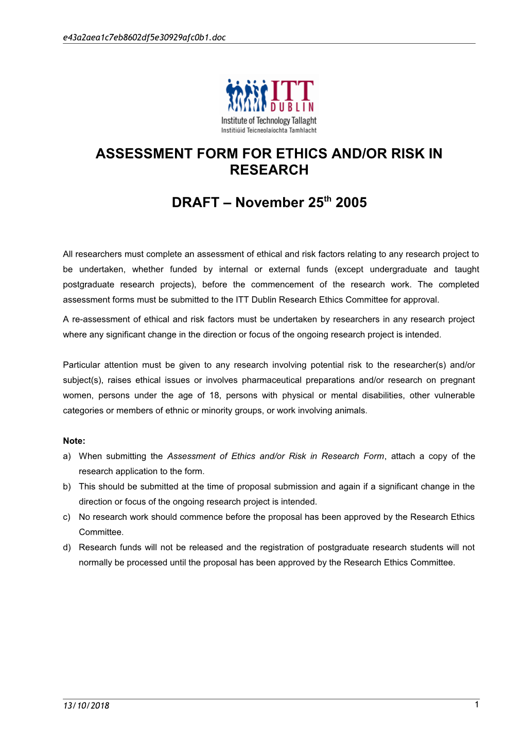 Assessment of Risk And/Or Research Ethics Form