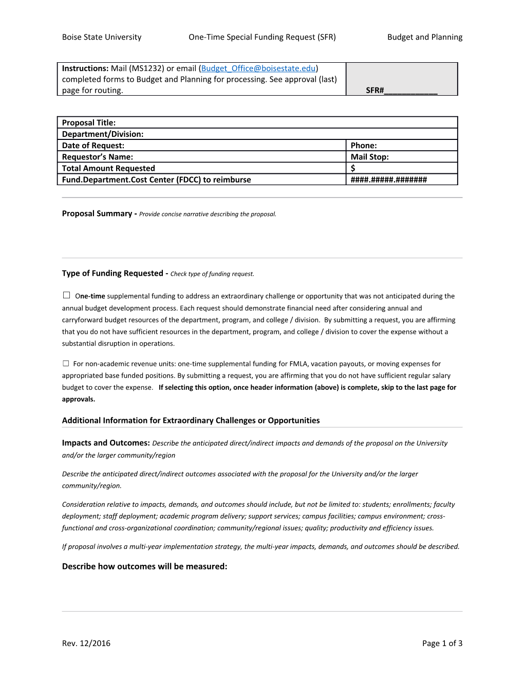 Boise State Universityone-Time Special Funding Request (SFR) Budget and Planning