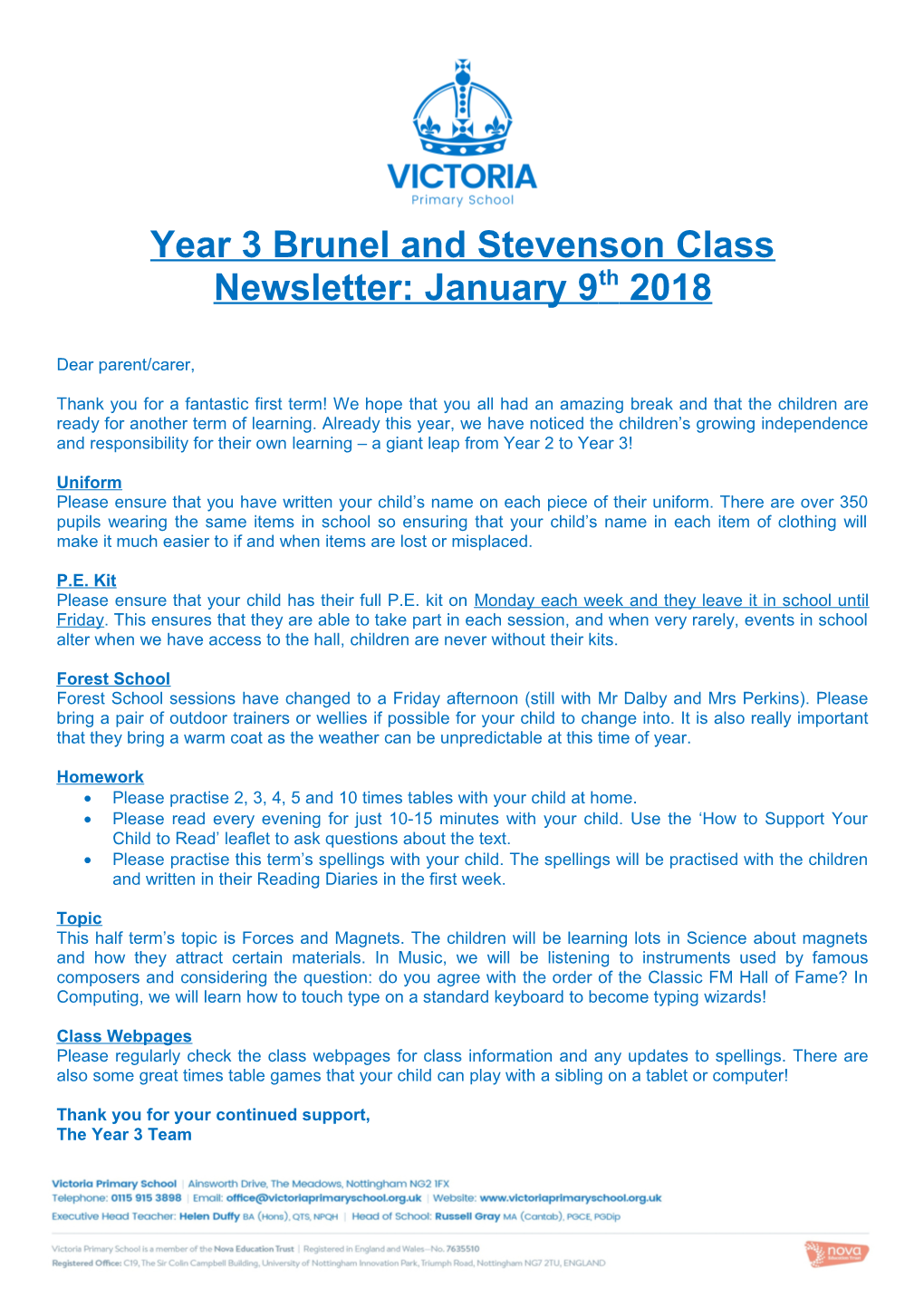 Year 3 Brunel and Stevenson Class Newsletter: January 9Th 2018