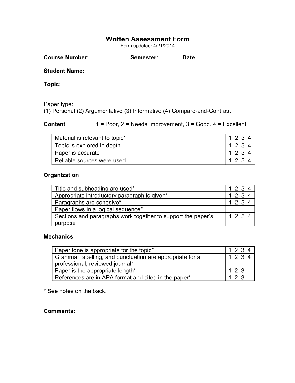 Standardized Written Assessment Form