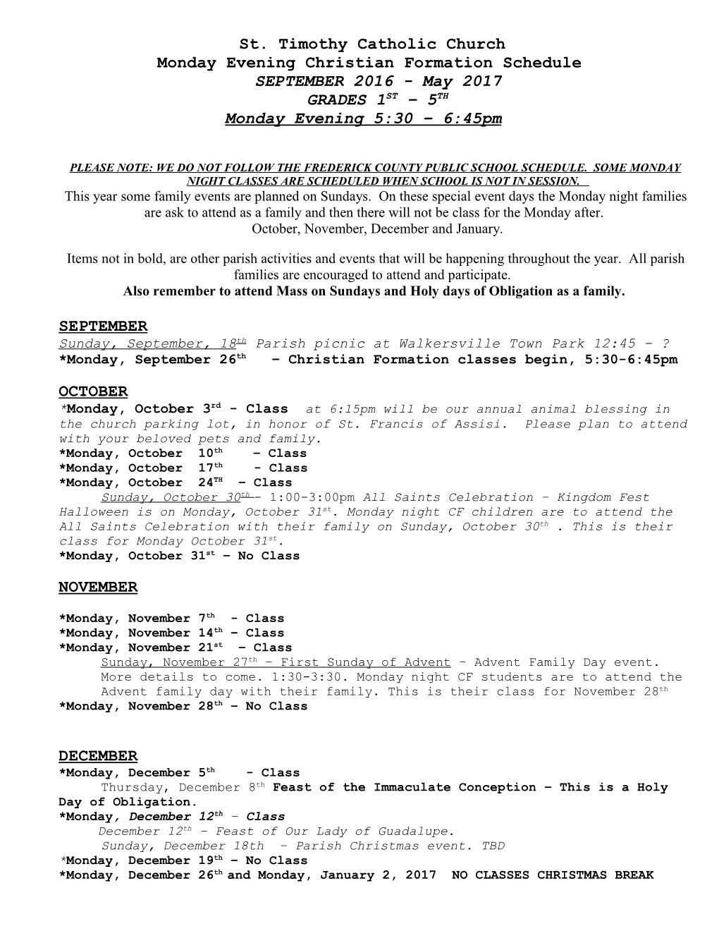 Monday Evening Christian Formation Schedule