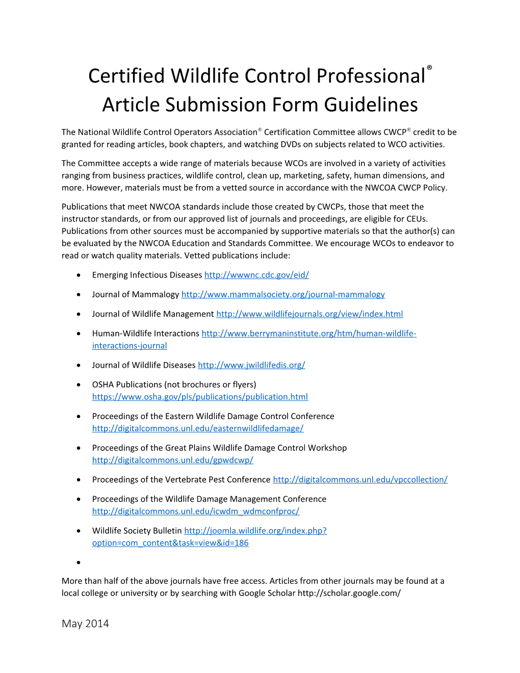 Certified Wildlife Control Professional Article Submission Form Guidelines