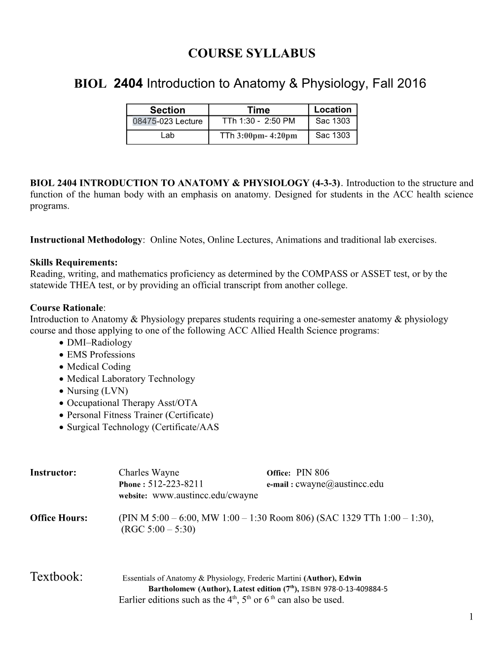 BIOL 2404 Introduction to Anatomy & Physiology, Fall 2016