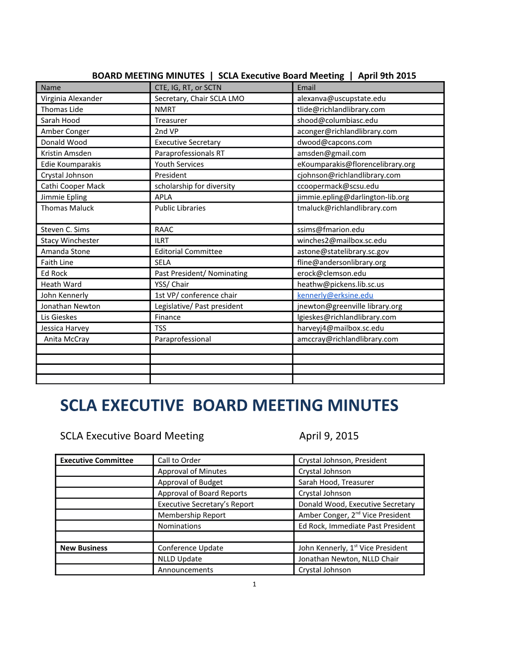 BOARD MEETING MINUTES SCLA Executive Board Meeting April 9Th 2015