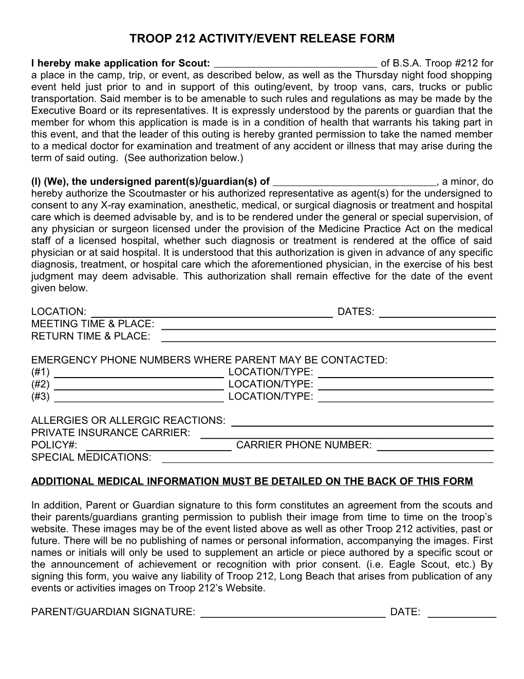 Troop 212 Activity/Event Release Form