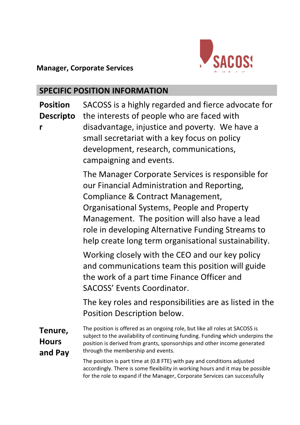 Manager, Corporate Services