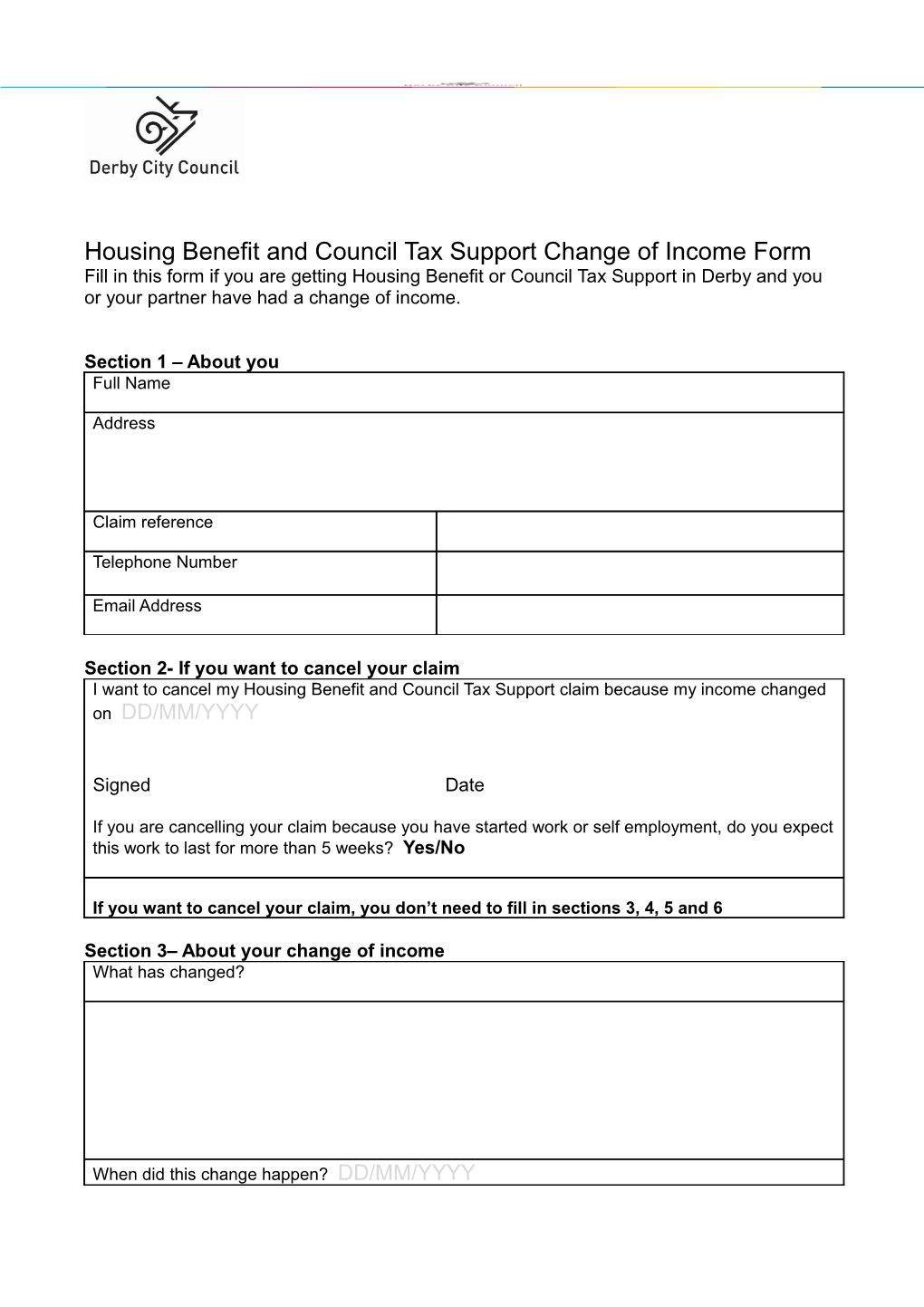 Housingbenefit and Council Tax Support Change of Income Form