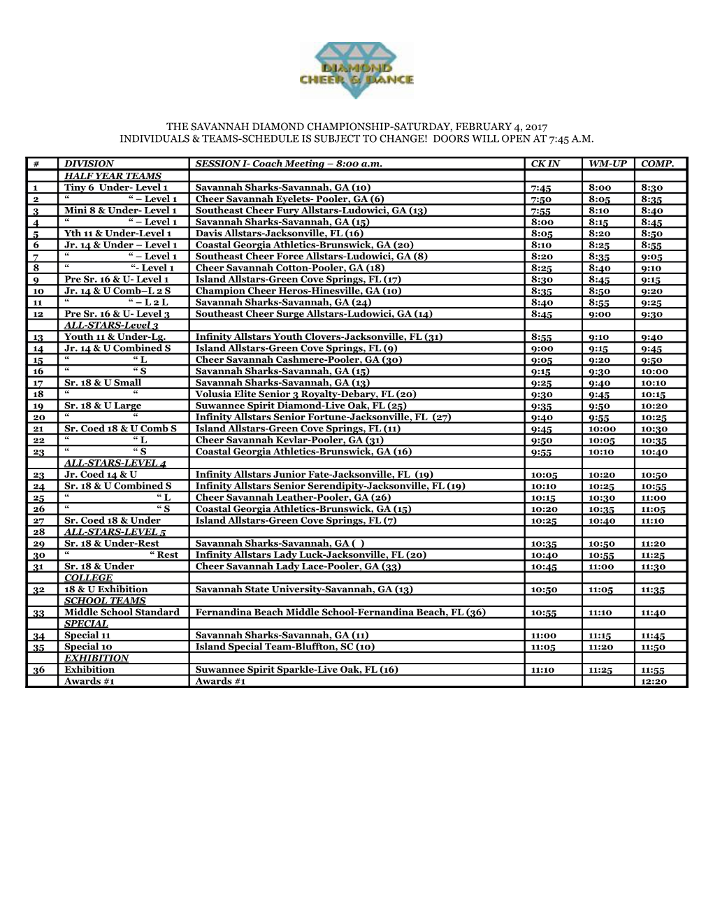 Individuals & Teams-Schedule Is Subject to Change! Doors Will Open At7:45A.M