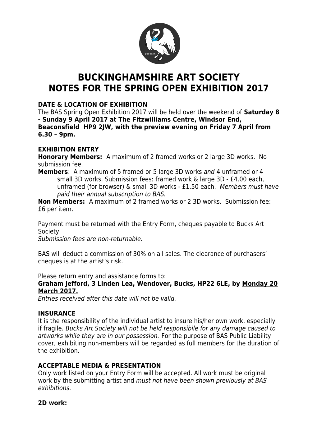 Notes for the Spring Open Exhibition 2017