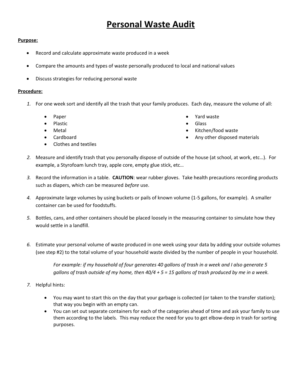 Personal Waste Audit