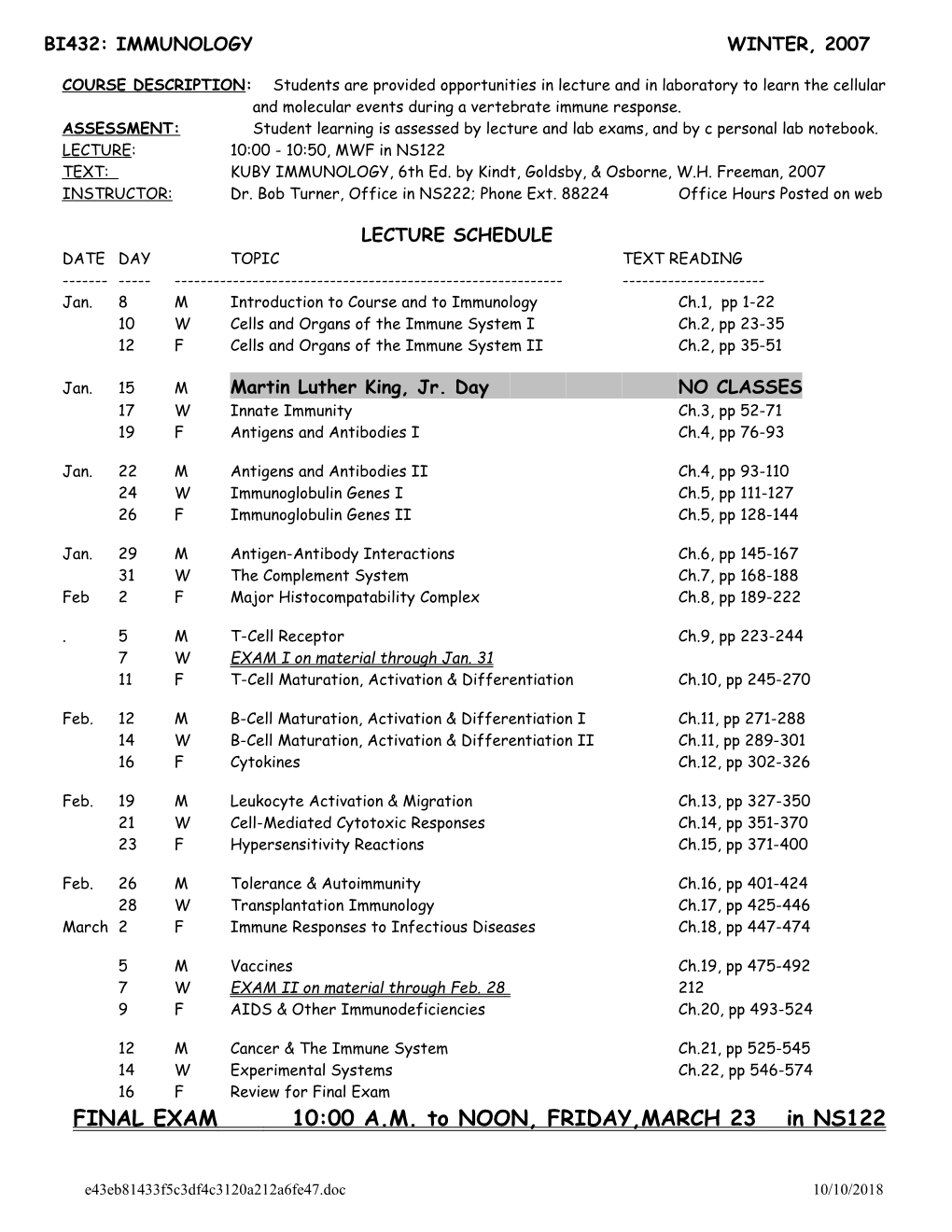 Bi432:Immunology Winter Term, 1997