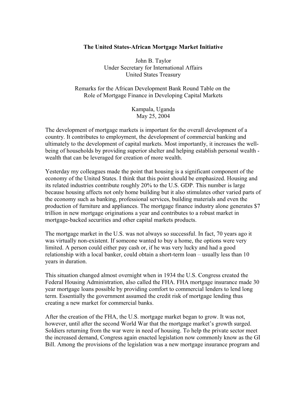 The United States-African Mortgage Market Initiative