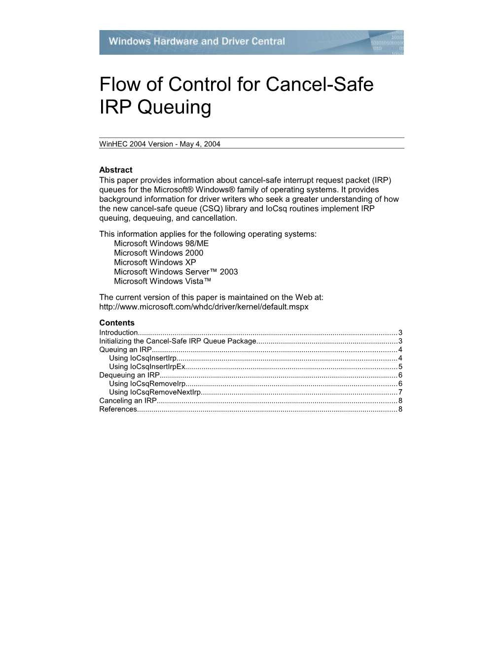 Flow of Control for Cancel-Safe IRP Queuing