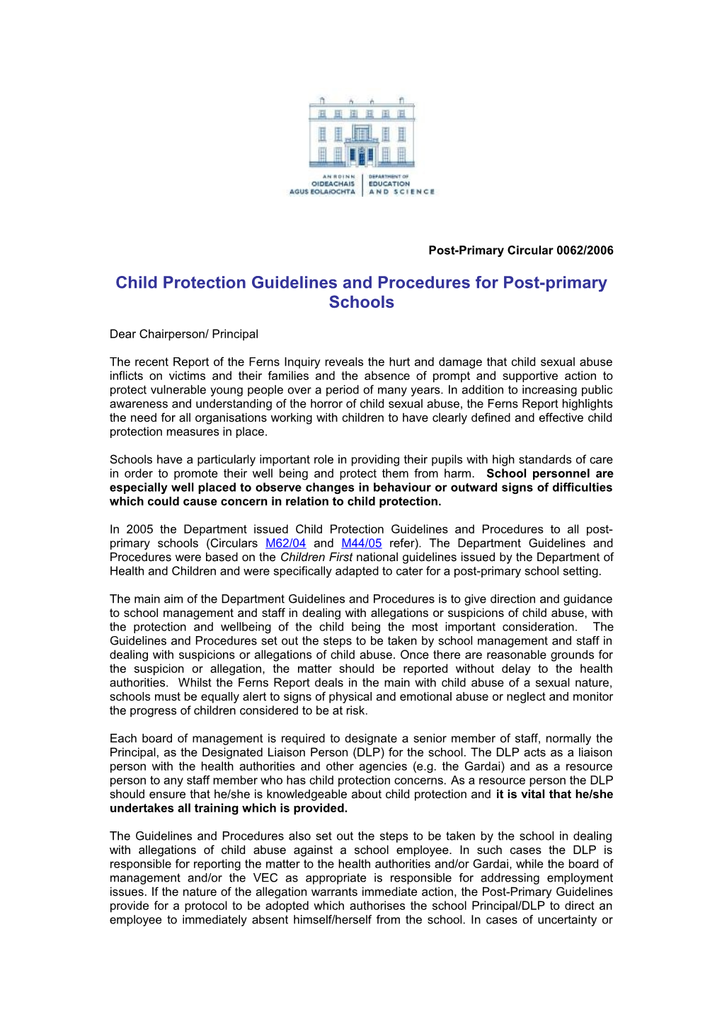 Child Protection Guidelines and Procedures for Post-Primary Schools