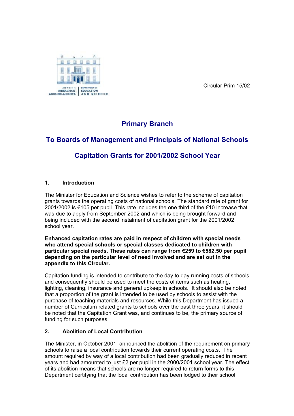 Primary Circular 15/02 Capitation Grants for 2001/2002 School Year (Word Format 44KB)