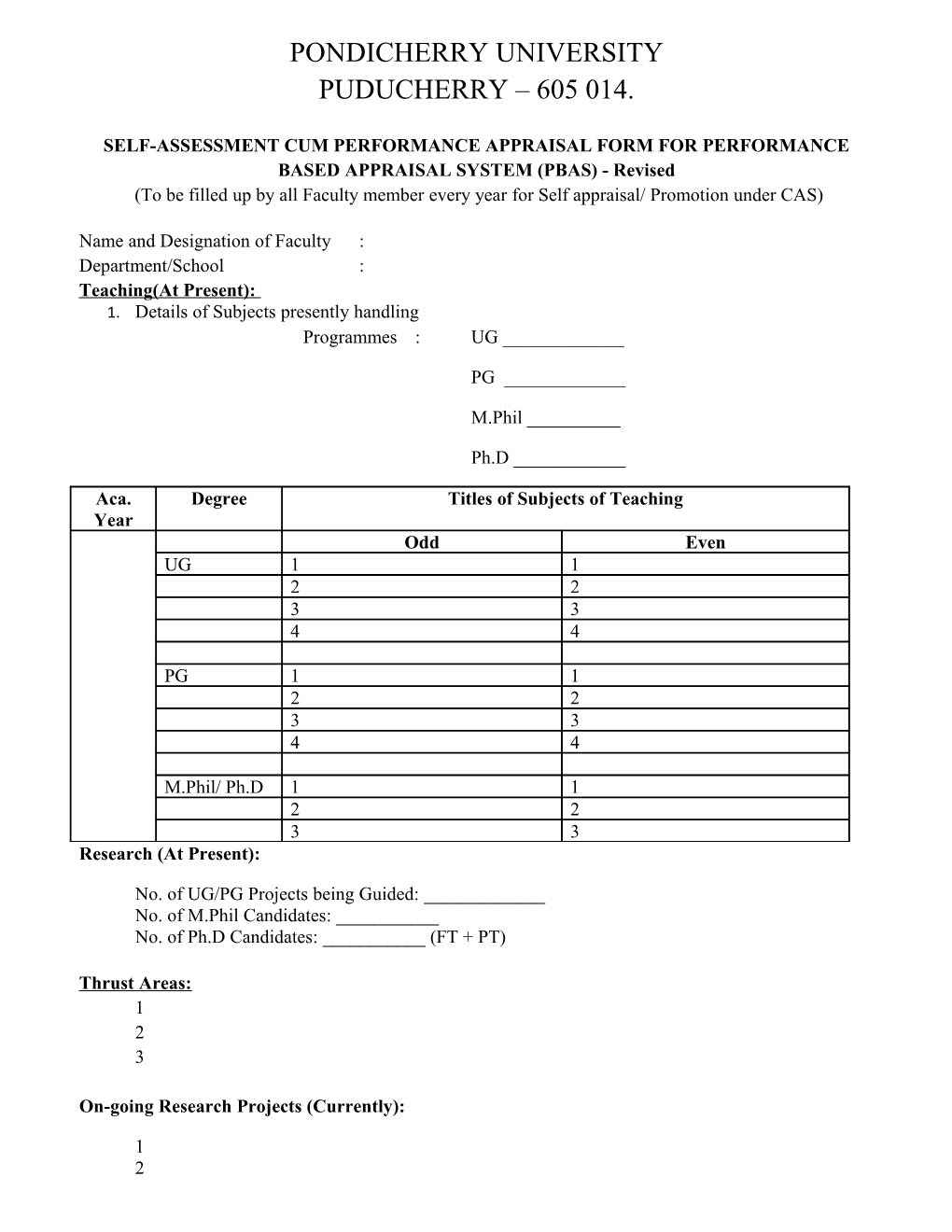 Self-Assessment Cum Performance Appraisal Formforperformance Based Appraisal System (Pbas)