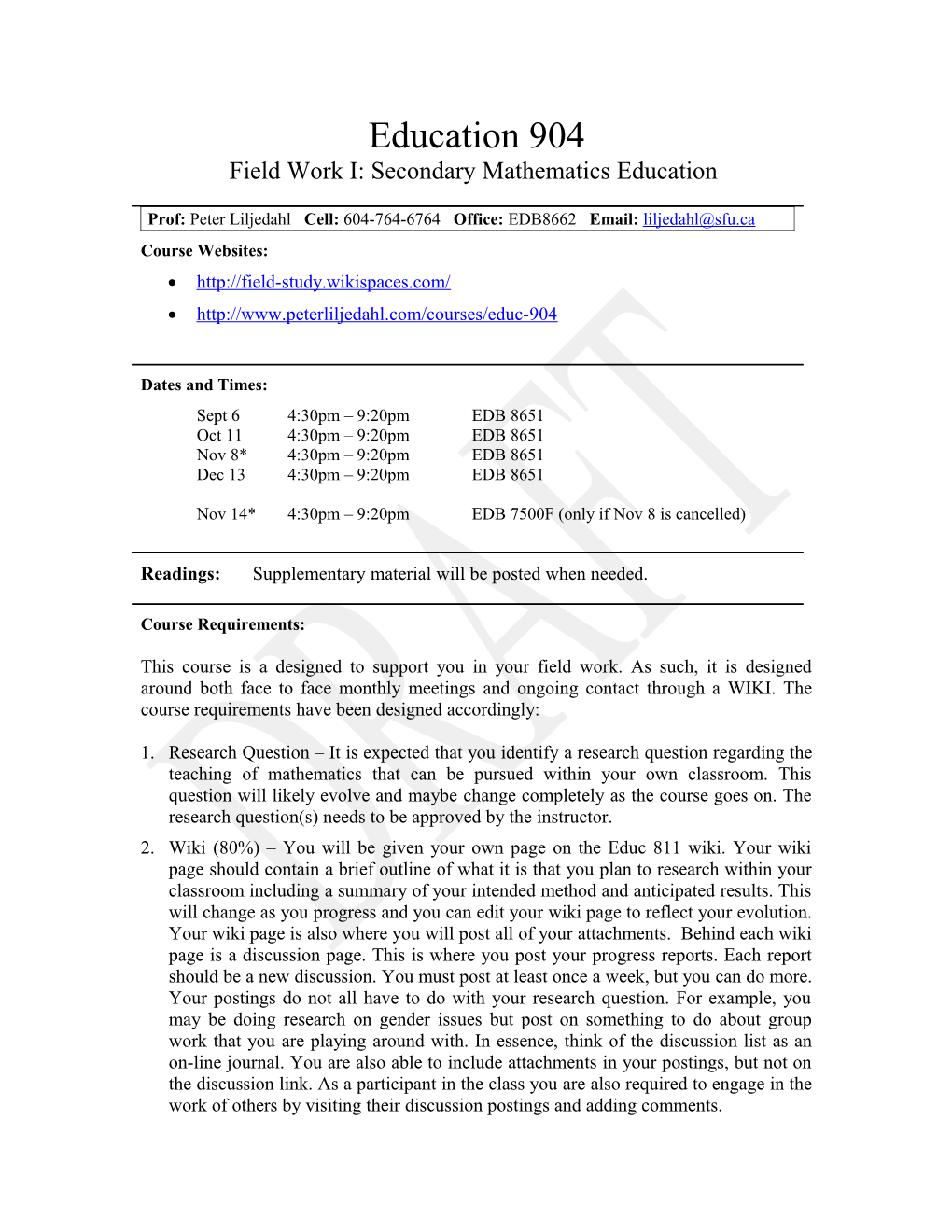 Field Work I: Secondary Mathematics Education