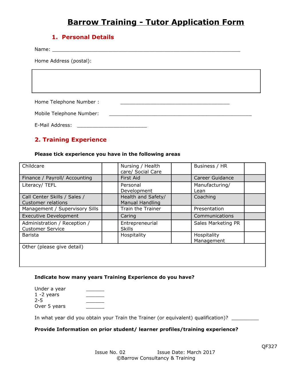 Barrow Training - Tutor Application Form