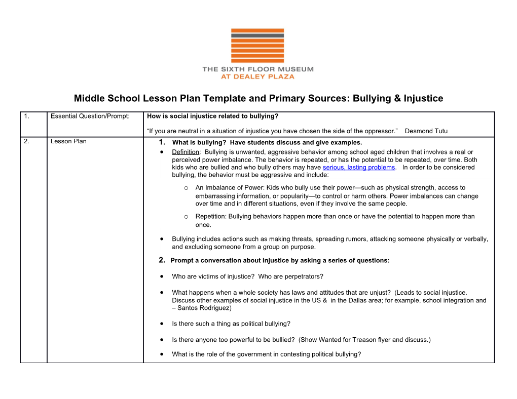 Middle School Lesson Plan Template and Primary Sources: Bullying Injustice