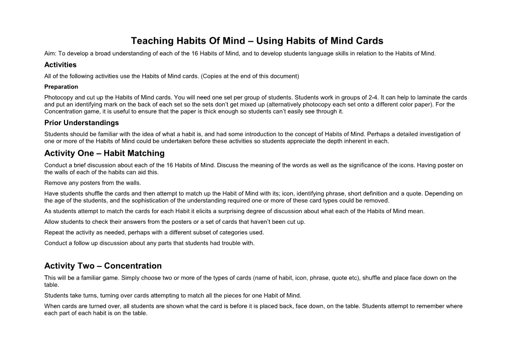 Teaching Habits of Mind Using Habits of Mind Cards